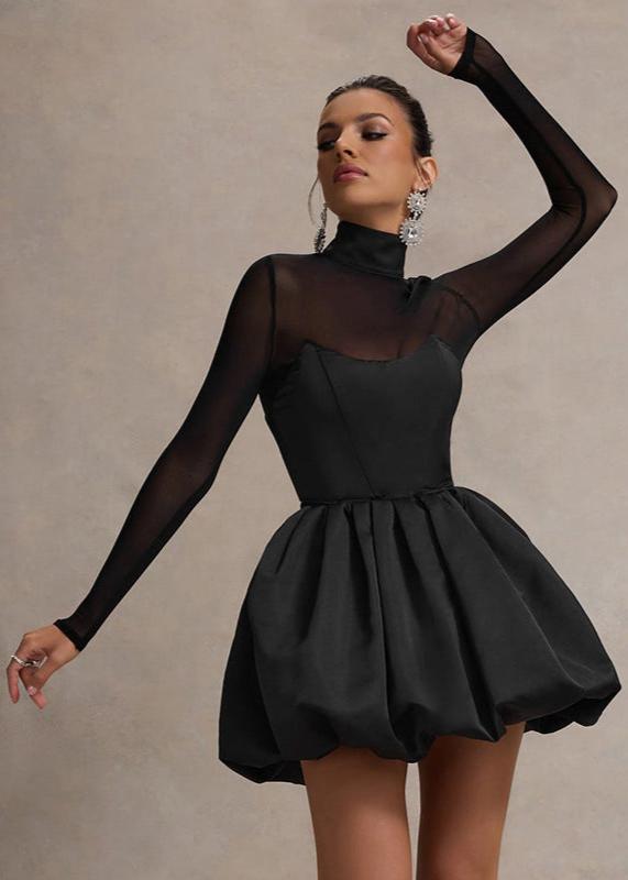 Damen Mini-Kleid aus Satin mit Puffrock und V-Ausschnitt