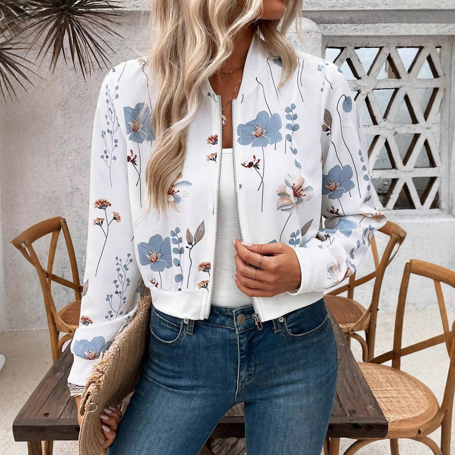 Damen Bomberjacke mit floralen Mustern und elastischem Abschluss