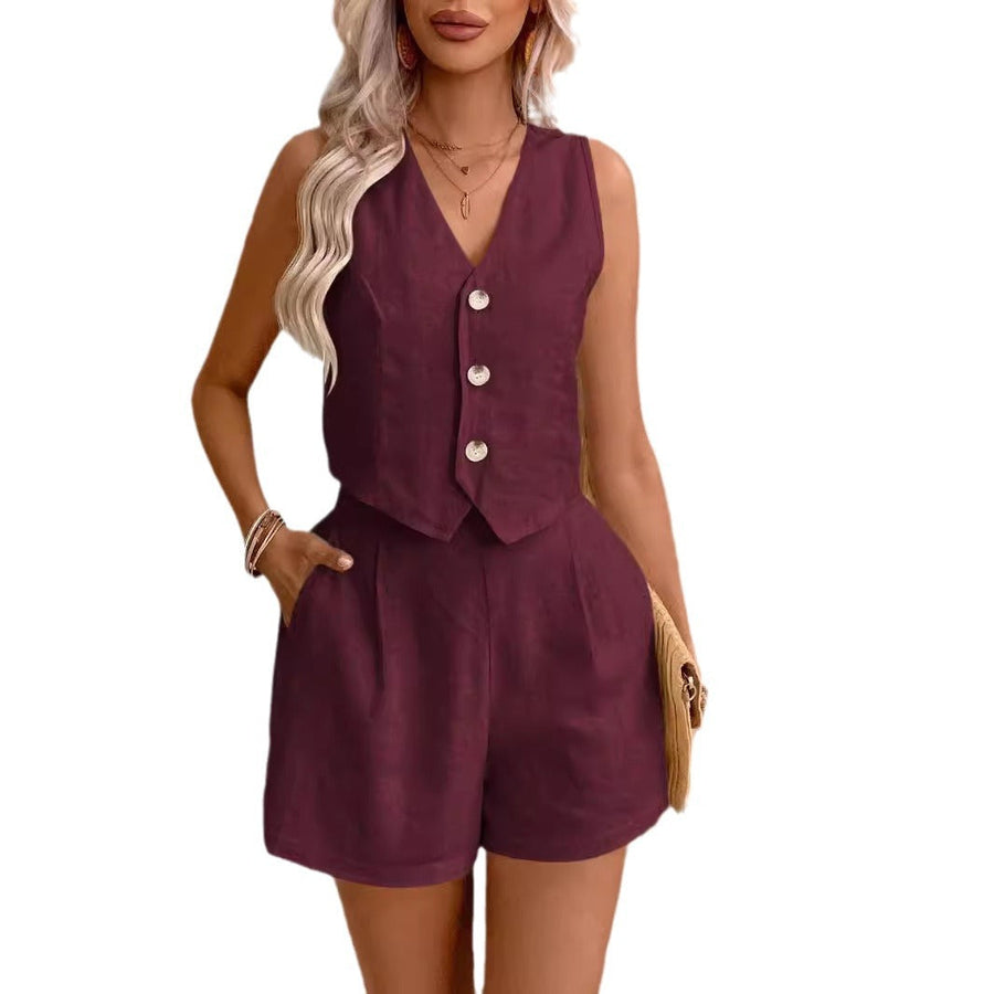 Zweiteiler aus Leinenoptik – Ärmelloses Gilet mit High-Waist Shorts