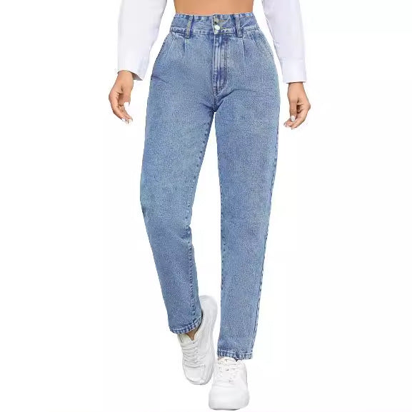 Damen High-Waist Boyfriend Jeans mit klassischem Schnitt und Knopfdetails