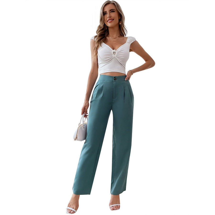Damen elegante Hochbund-Hose mit schmalem Bein und Faltenwurf