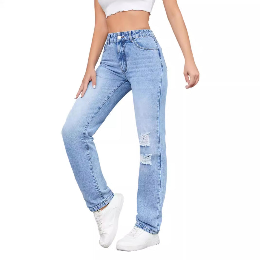 Damen hohe Jeans im lässigen Vintage-Stil mit stylischem Destroyed-Effekt