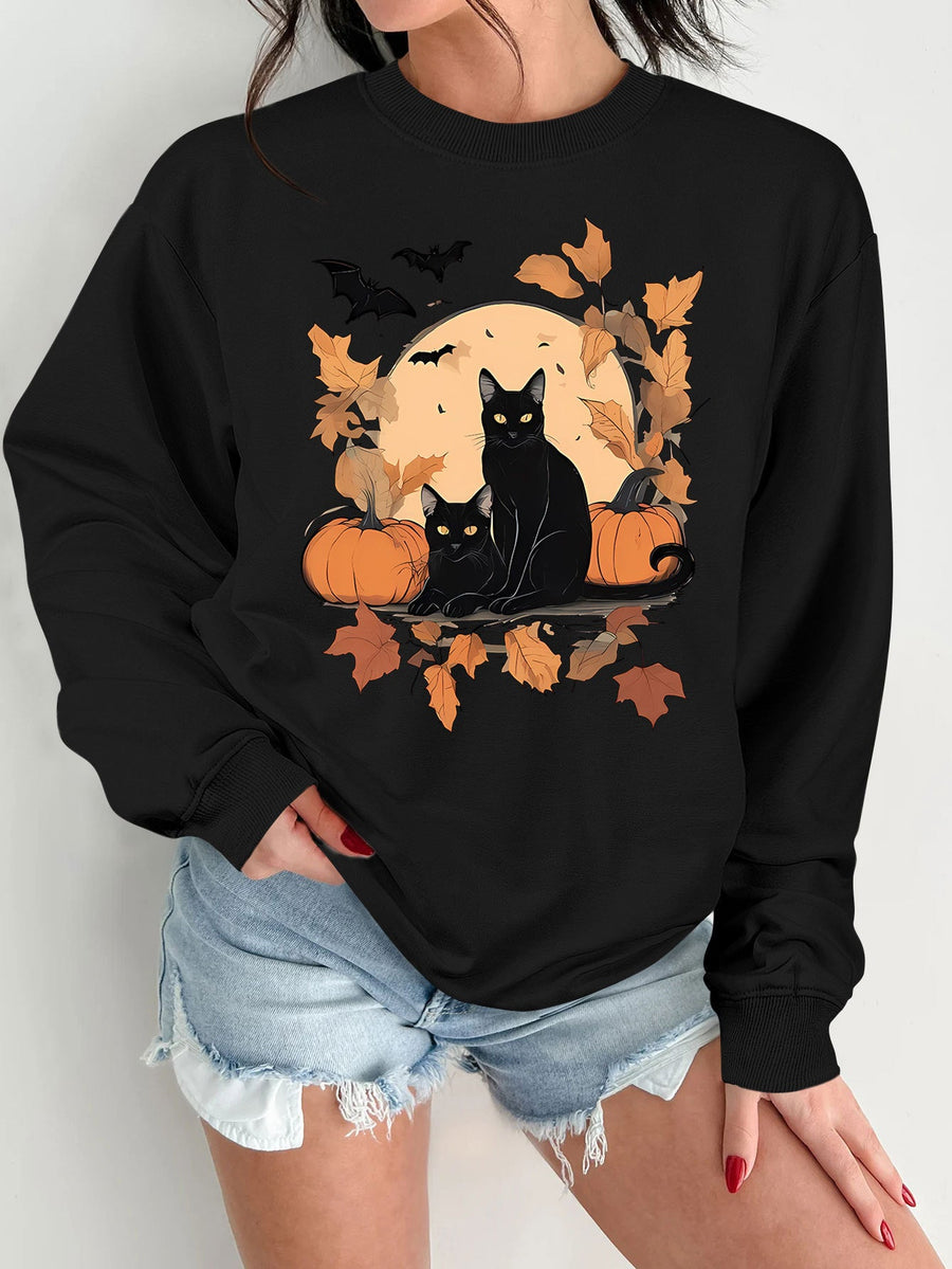 Damen Sweatshirt mit herbstlichem Katzen- und Kürbisdesign