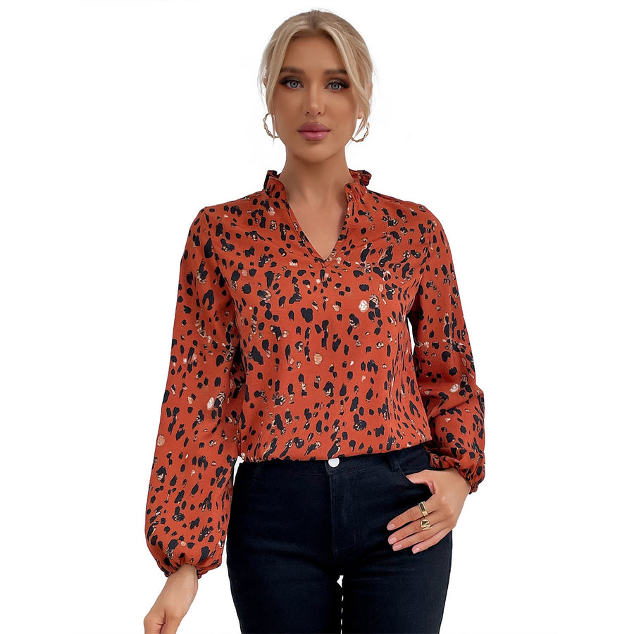 Damen Bluse mit floralem Leopardenmuster und voluminösen Ärmeln