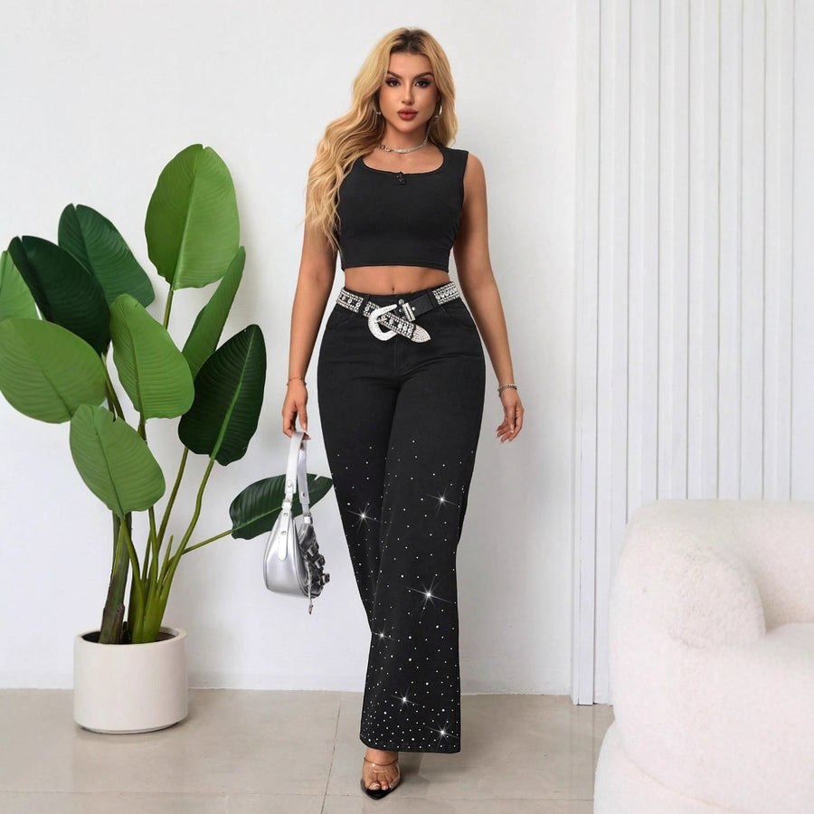 Damen High-Waist Jeans mit funkelndem Strassbesatz und weitem Schnitt
