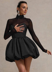 Damen Mini-Kleid aus Satin mit Puffrock und V-Ausschnitt
