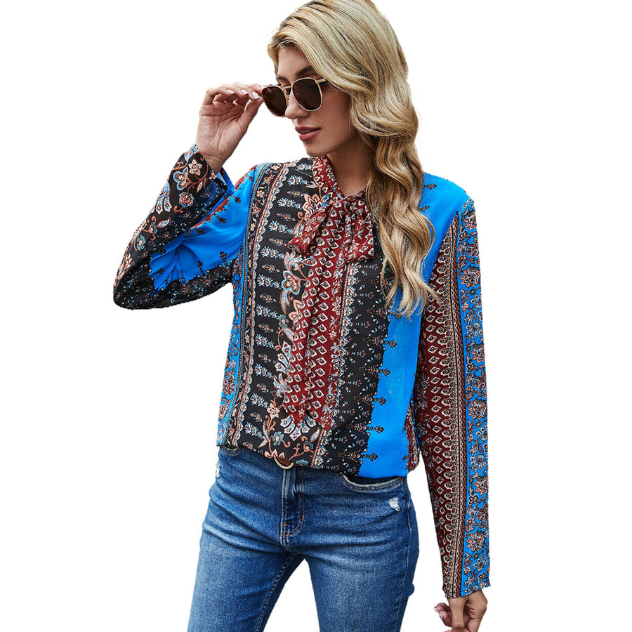 Damen Bluse mit Rüschendetails und kontrastierenden Mustern