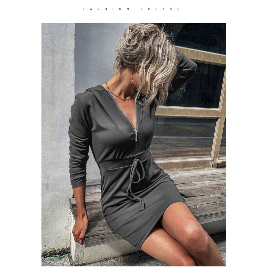 Damen sportliches Kleid mit Reißverschluss und regulierbarem Gürtel