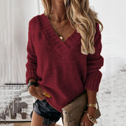 Damen lässiger Pullover mit V-Ausschnitt und Strukturdesign
