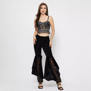 Damen elegante High-Waist Palazzo-Hose mit transparenten Spitzen-Einsätzen