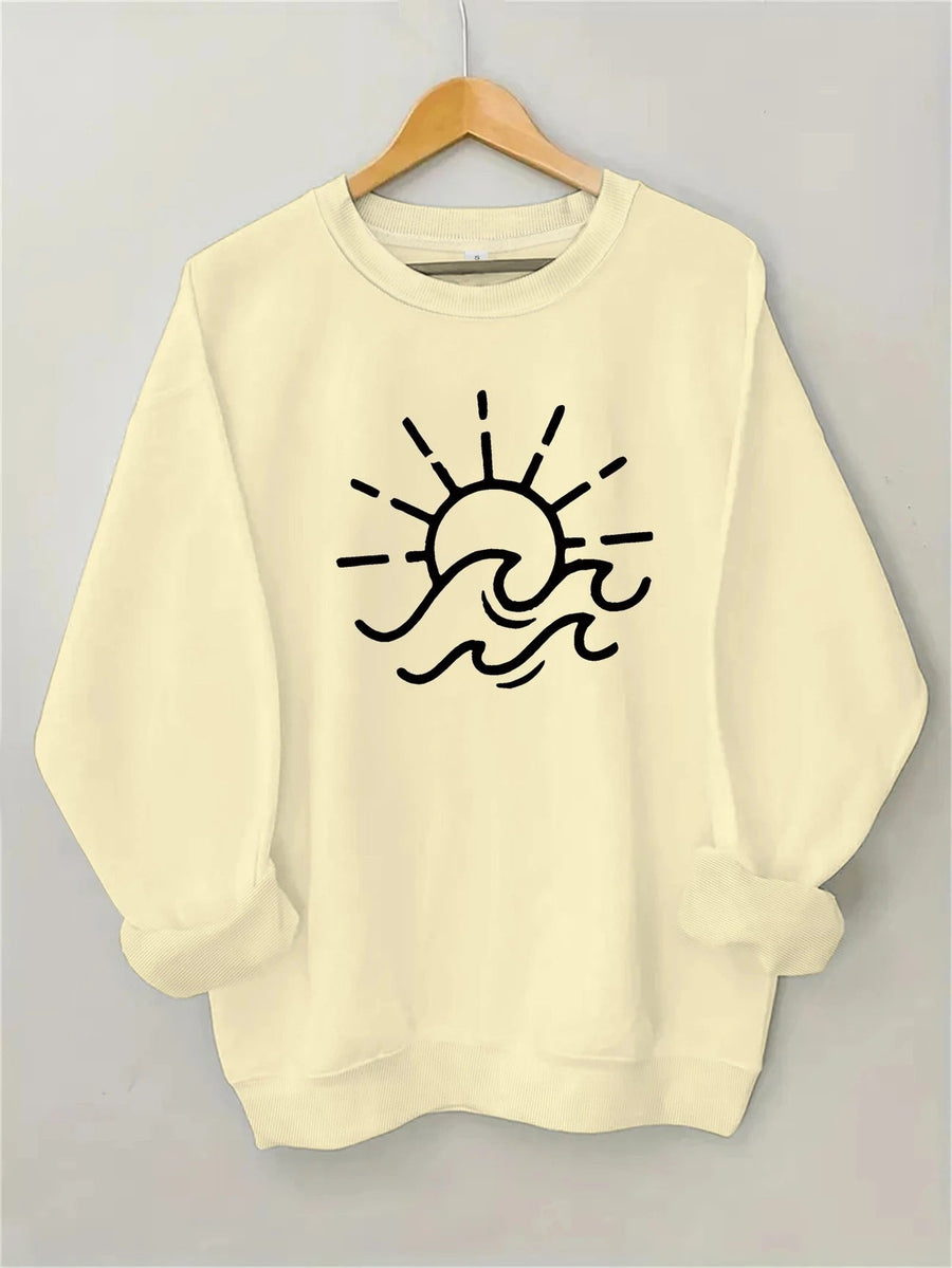 Damen Sweatshirt mit kreativem Sonnen- und Wellenmotiv