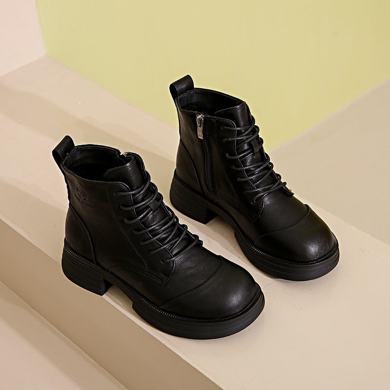 Damen stylische Schnürstiefeletten mit Reißverschluss und robustem Profil