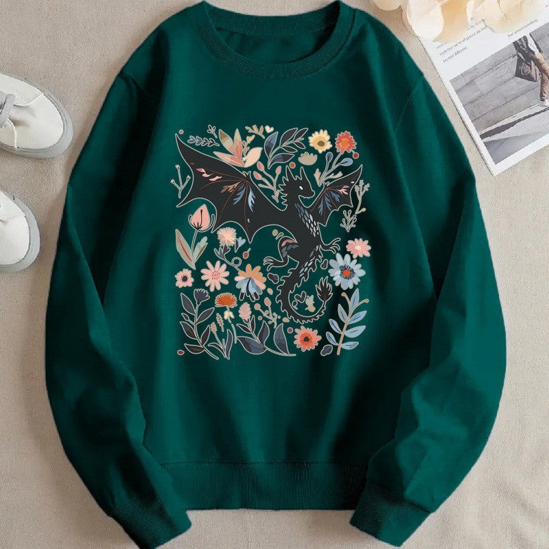 Damen Sweatshirt mit detailliertem Drachen- und Blumenmotiv