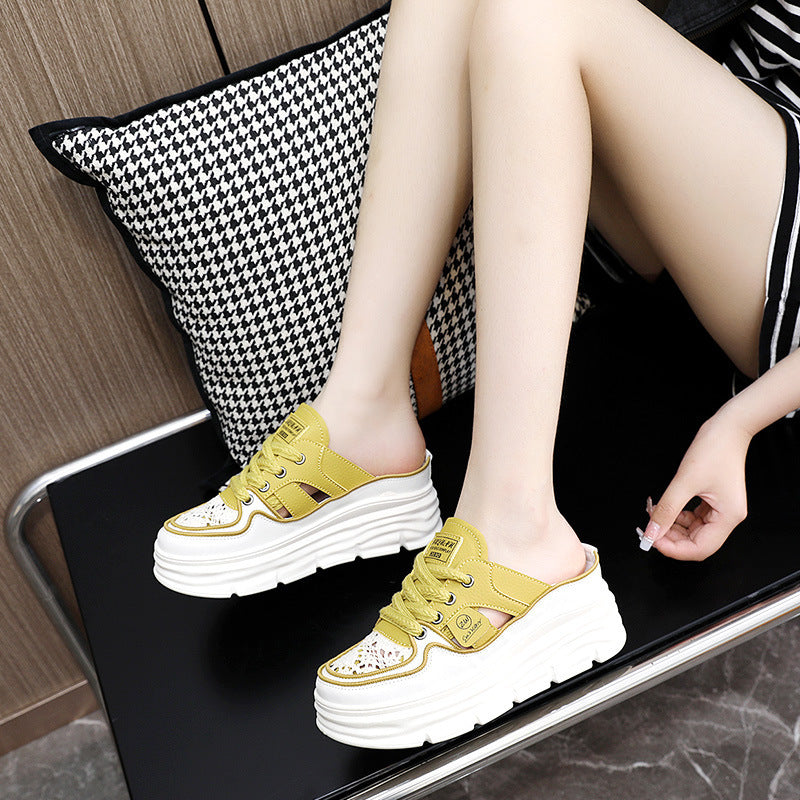 Damen Chunky Slipper mit modischem Schnürsenkel-Design und atmungsaktiver Obermaterialkombination