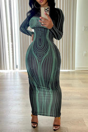 Damen figurbetontes Langarm-Maxikleid mit modernem Grafikdesign