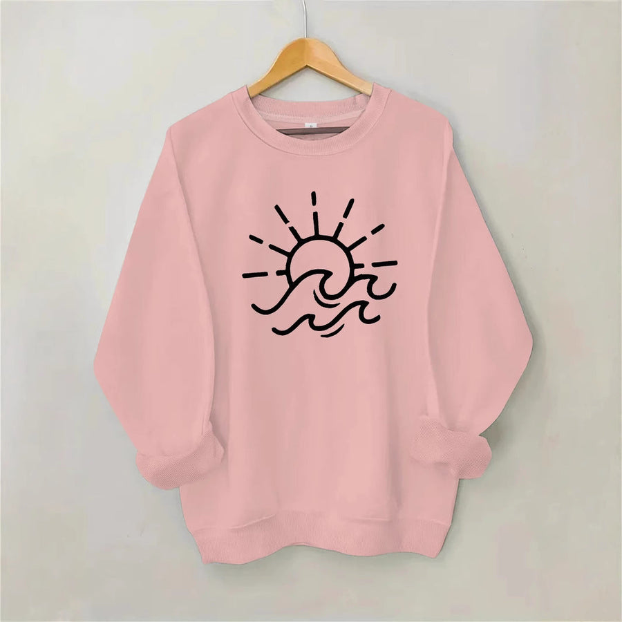 Damen Sweatshirt mit kreativem Sonnen- und Wellenmotiv