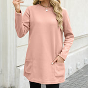 Damen nan legeres Fleece-Tunika-Kleid mit Rundhalsausschnitt und aufgesetzten Taschen Drune