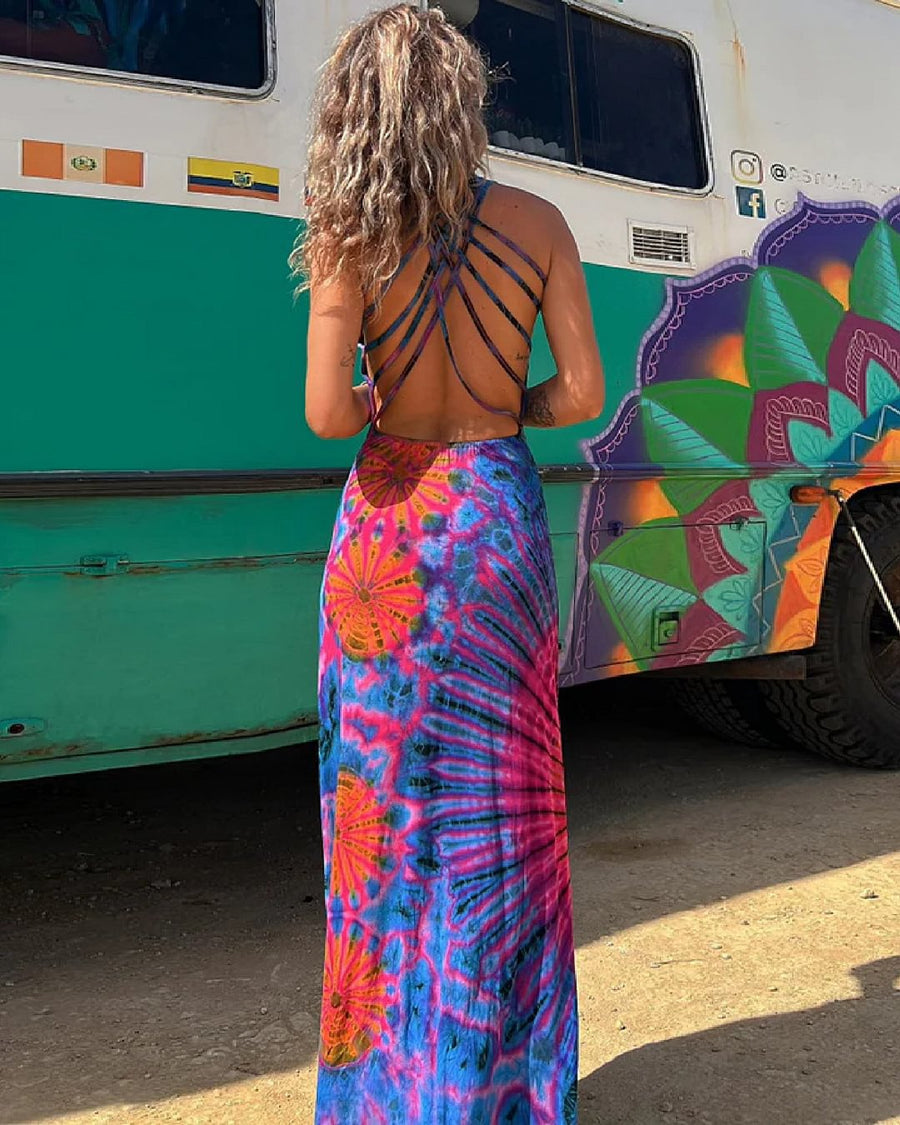 Maxi Kleid mit Spitze und Tie-Dye-Print