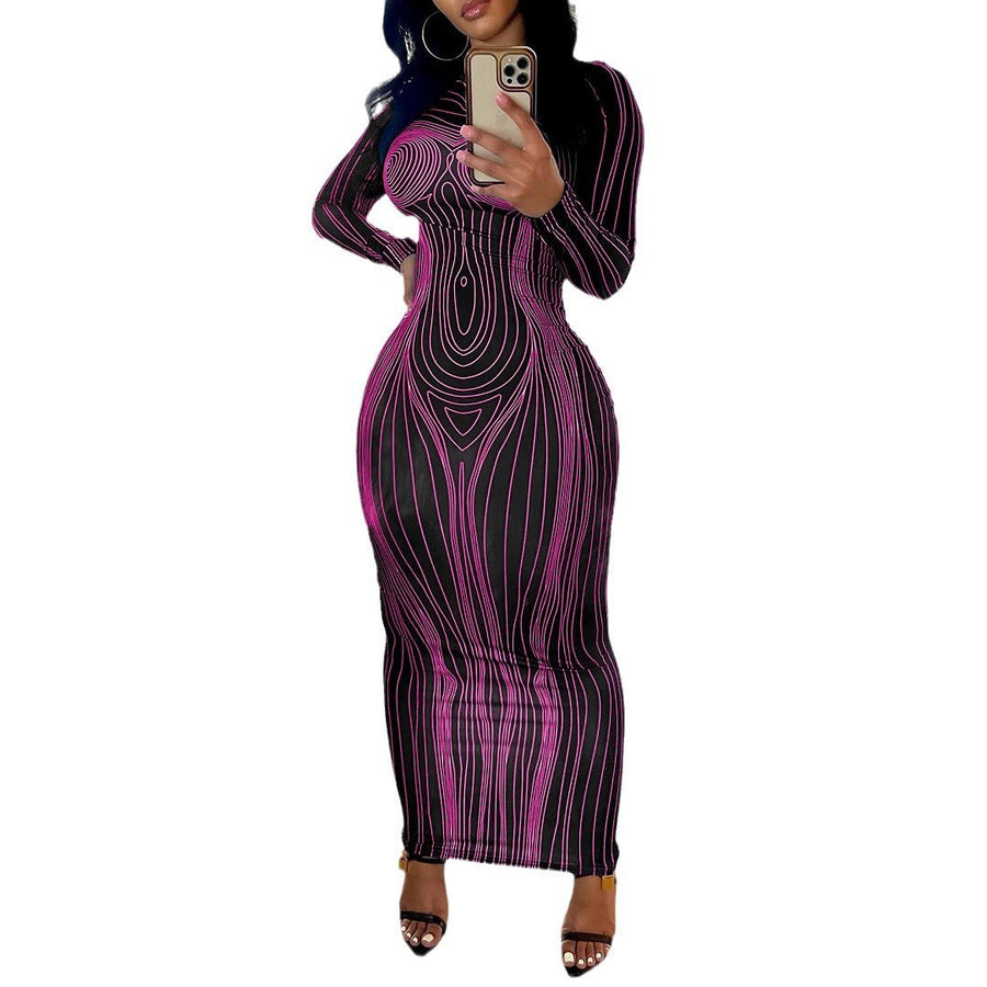 Damen figurbetontes Langarm-Maxikleid mit modernem Grafikdesign