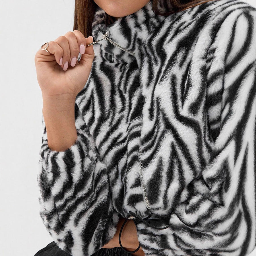 Damen cropped Fleece-Jacke mit modernem Zebra-Design und elastischen Bündchen