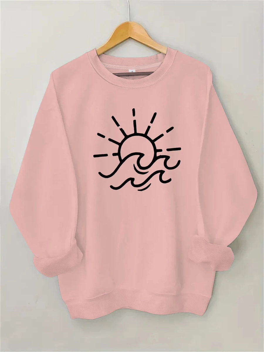 Damen Sweatshirt mit kreativem Sonnen- und Wellenmotiv