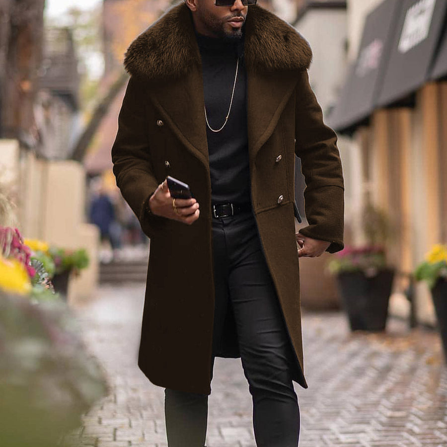 Herren eleganter Wollmantel mit luxuriösem Kunstfellkragen Aliams