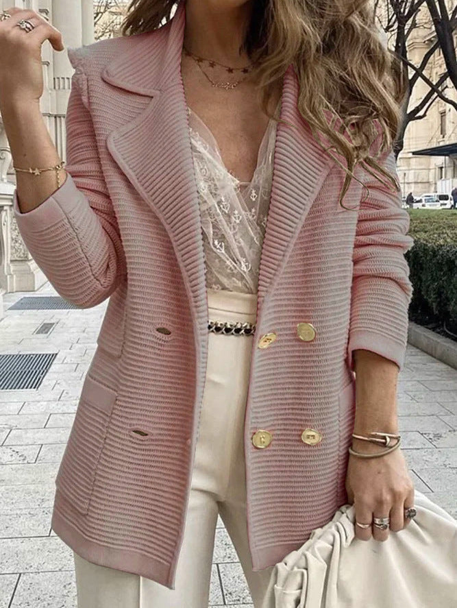 Damen eleganter Strickblazer mit doppelter Knopfleiste und strukturiertem Design
