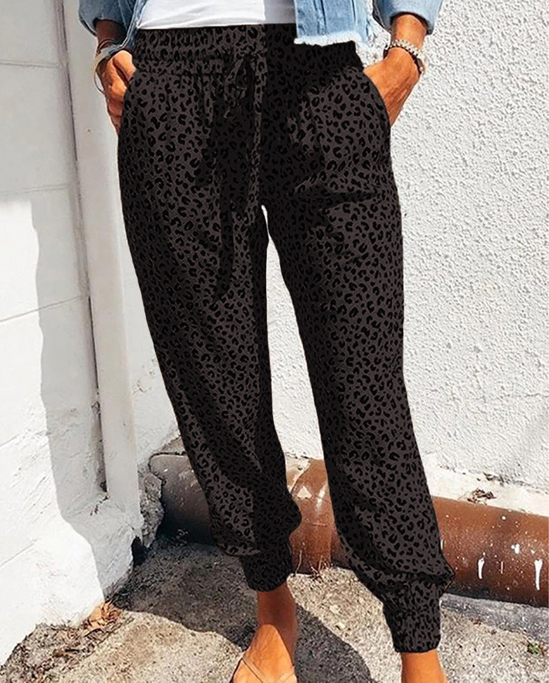 Damen nan lässige Leoparden-Print Jogginghose mit Tunnelzug, Eingrifftaschen und elastischen Bündchen Drune