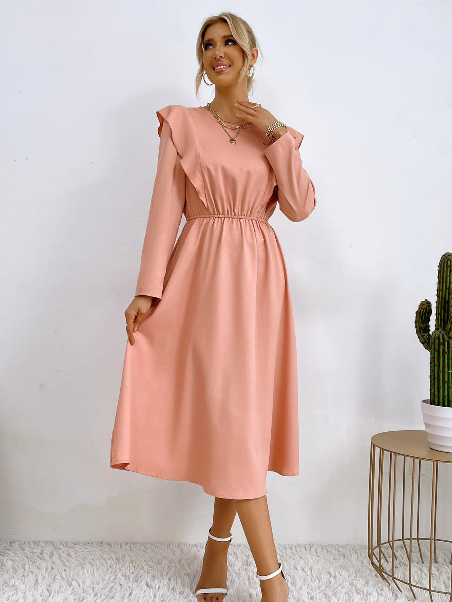 Damen elegantes Maxikleid mit Rüschendetails und elastischem Taillenbund