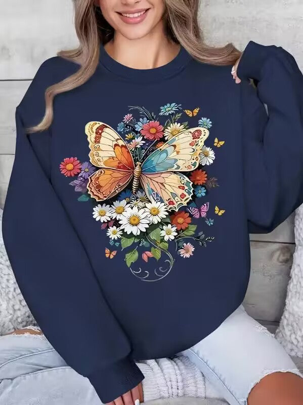 Damen Langarm Sweatshirt mit floralem Schmetterlingsdruck
