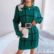Warmes Kleid | Lockeres Strickkleid mit Karo-muster und langen Ärmeln für dich