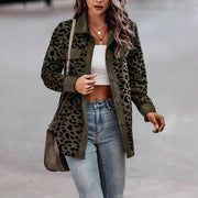 Damen Trendige Kordjacke mit Leo-Print und Brusttaschen