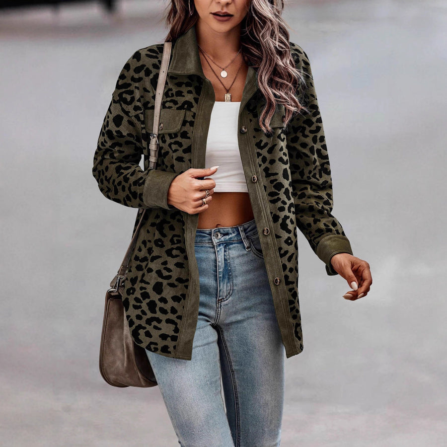 Damen Trendige Kordjacke mit Leo-Print und Brusttaschen