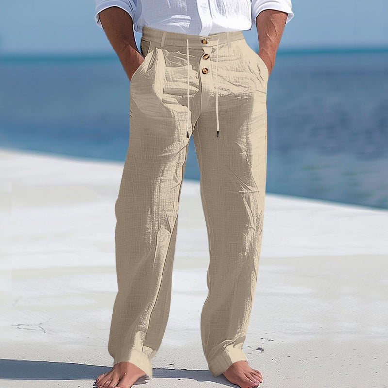 Herren lässige Leinenhose mit hohem Bund und bequemen Taschen Heidi-Mode