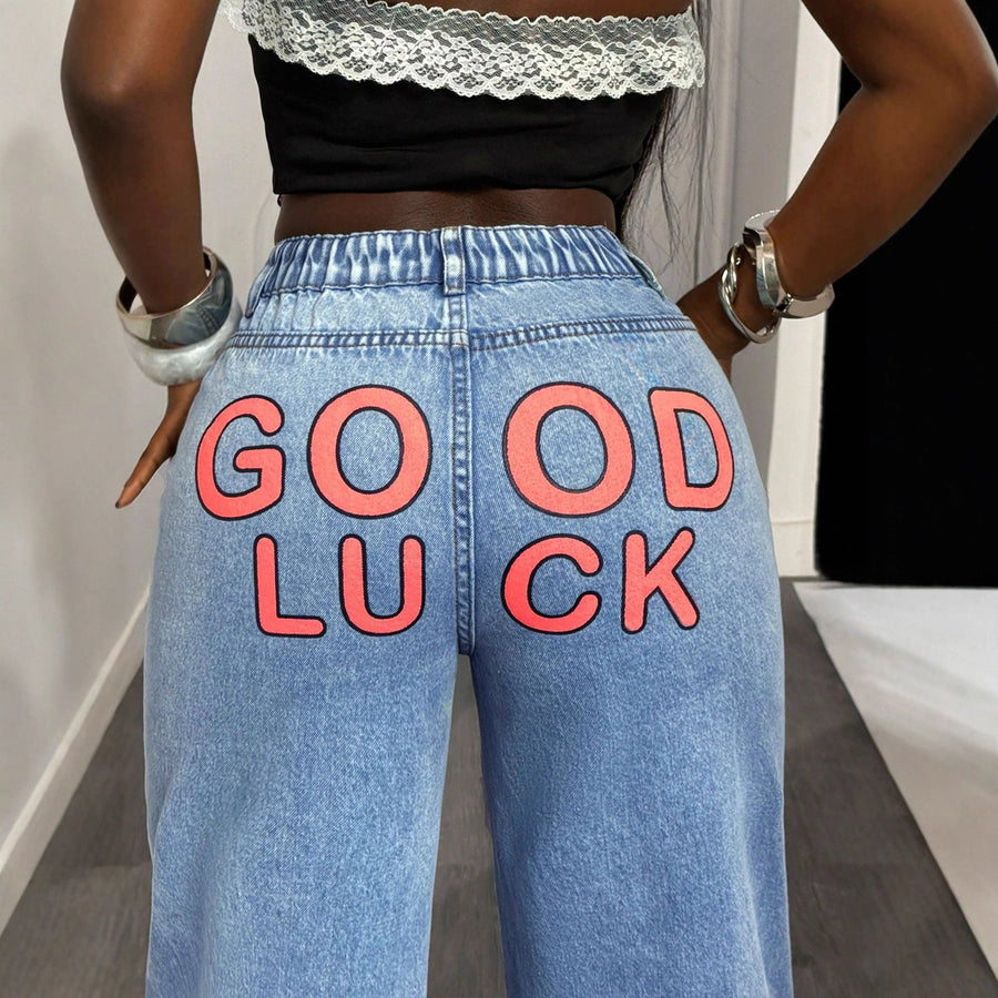 Damen High-Waist Wide-Leg Jeans mit statement Print