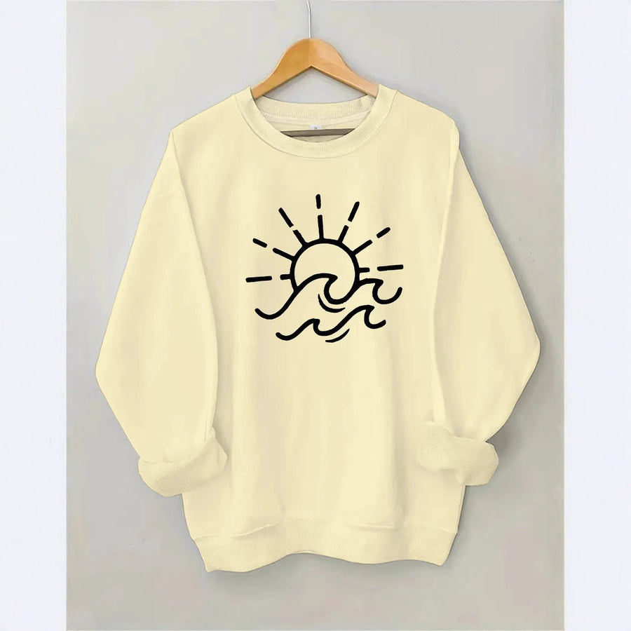 Damen Sweatshirt mit kreativem Sonnen- und Wellenmotiv