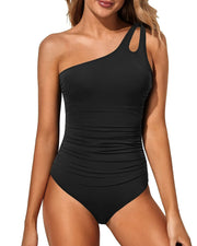 Damen One-Shoulder Badeanzug mit Raffung und modischem Leopardenmuster Heidi-Mode