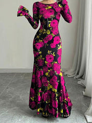 Damen Elegantes Maxikleid mit floralen Rüschendetails und langem Arm