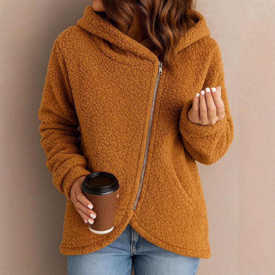 Damen Fleecejacke mit asymmetrischem Reißverschluss und Kapuze