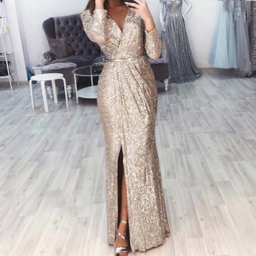 Damen langes Abendkleid mit elegantem Wickelschnitt und Schlitz