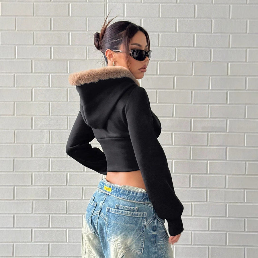 Damen cropped Hoodie mit luxuriösem Fellbesatz