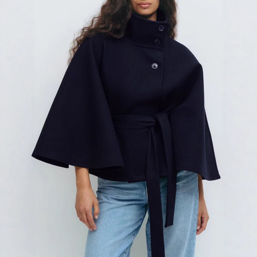 Damen stylische Umhangjacke mit hohem Kragen und Gürtel