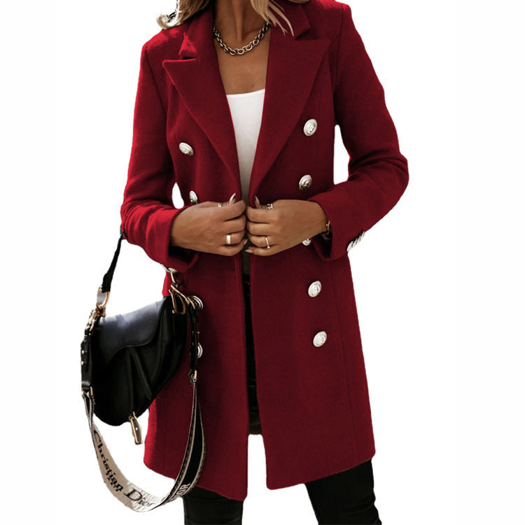 Damen eleganter Wollmantel mit doppelter Knopfleiste und breitem Revers