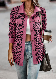 Damen Trendige Kordjacke mit Leo-Print und Brusttaschen