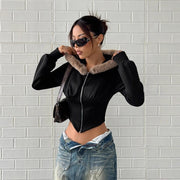 Damen cropped Hoodie mit luxuriösem Fellbesatz