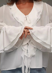 Damen Bluse aus Chiffon mit Rüschen und V-Ausschnitt – Elegant und luftig