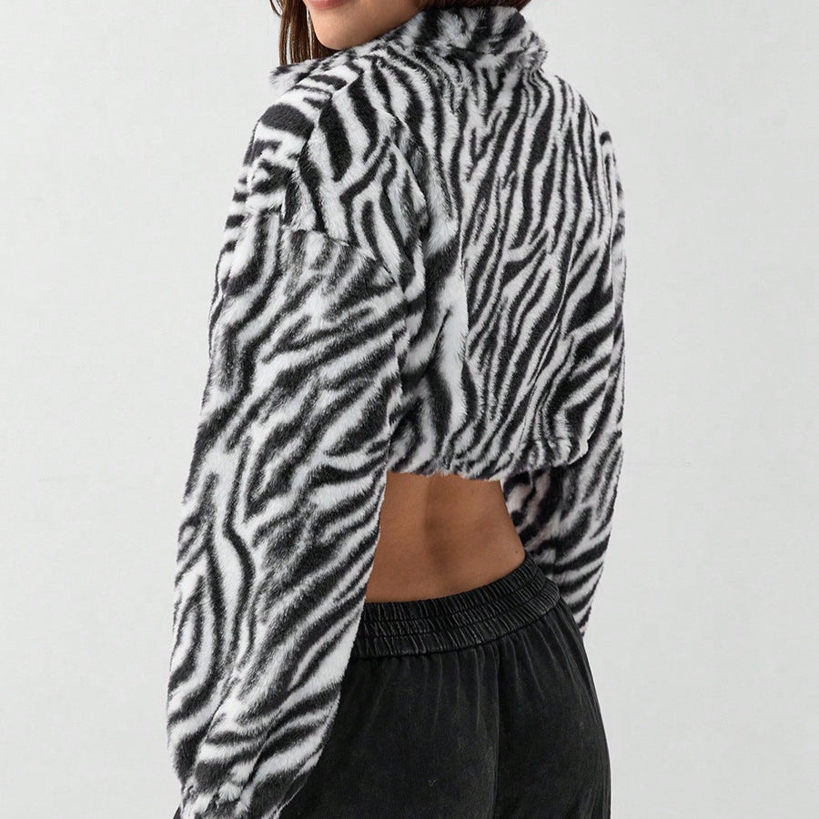 Damen cropped Fleece-Jacke mit modernem Zebra-Design und elastischen Bündchen