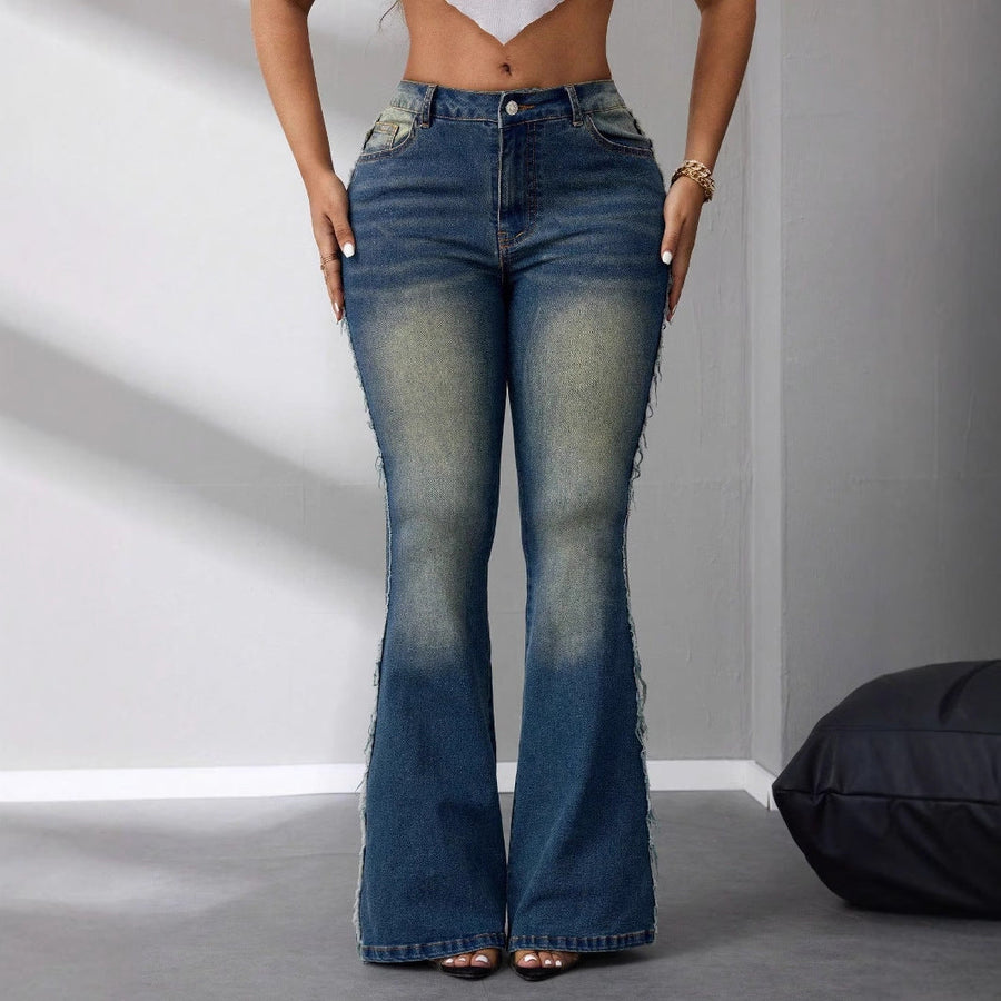 Damen Bootcut Jeans mit hohem Bund aus leichtem Denim und fransigen Details