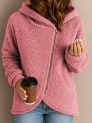 Damen Fleecejacke mit asymmetrischem Reißverschluss und Kapuze