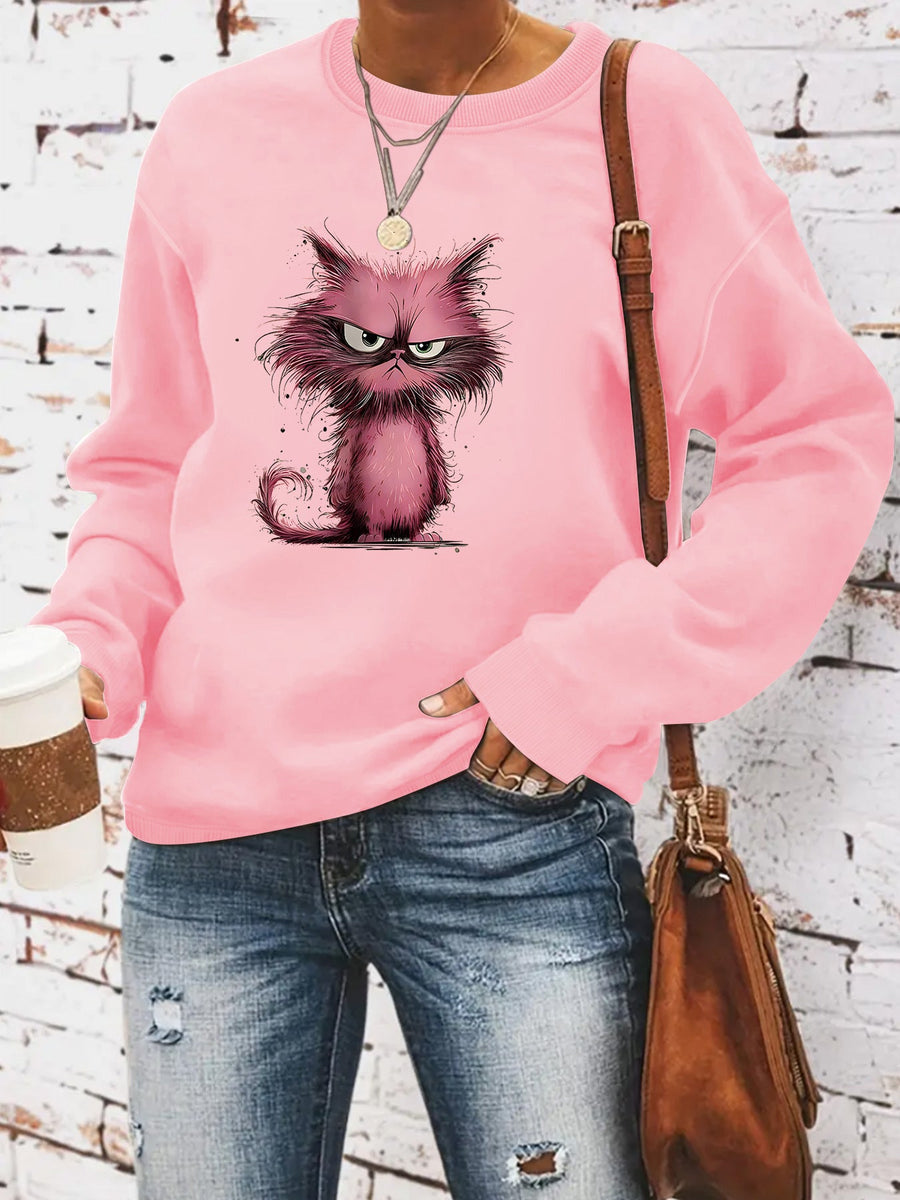Damen Sweatshirt mit kreativem Katzenmotiv